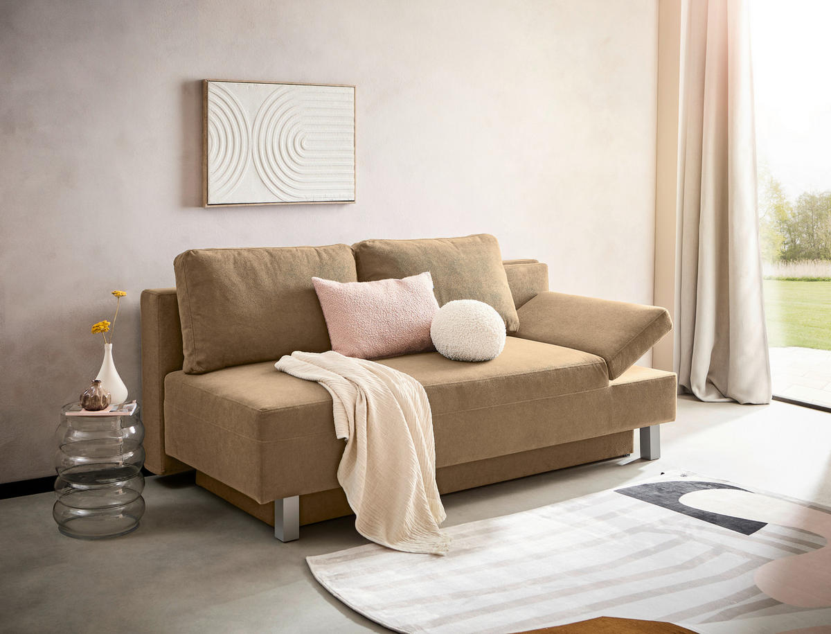 SCHLAFSOFA in Flachgewebe Hellbraun  - Chromfarben/Hellbraun, Design, Holz/Textil (205/77-93/99cm) - Novel