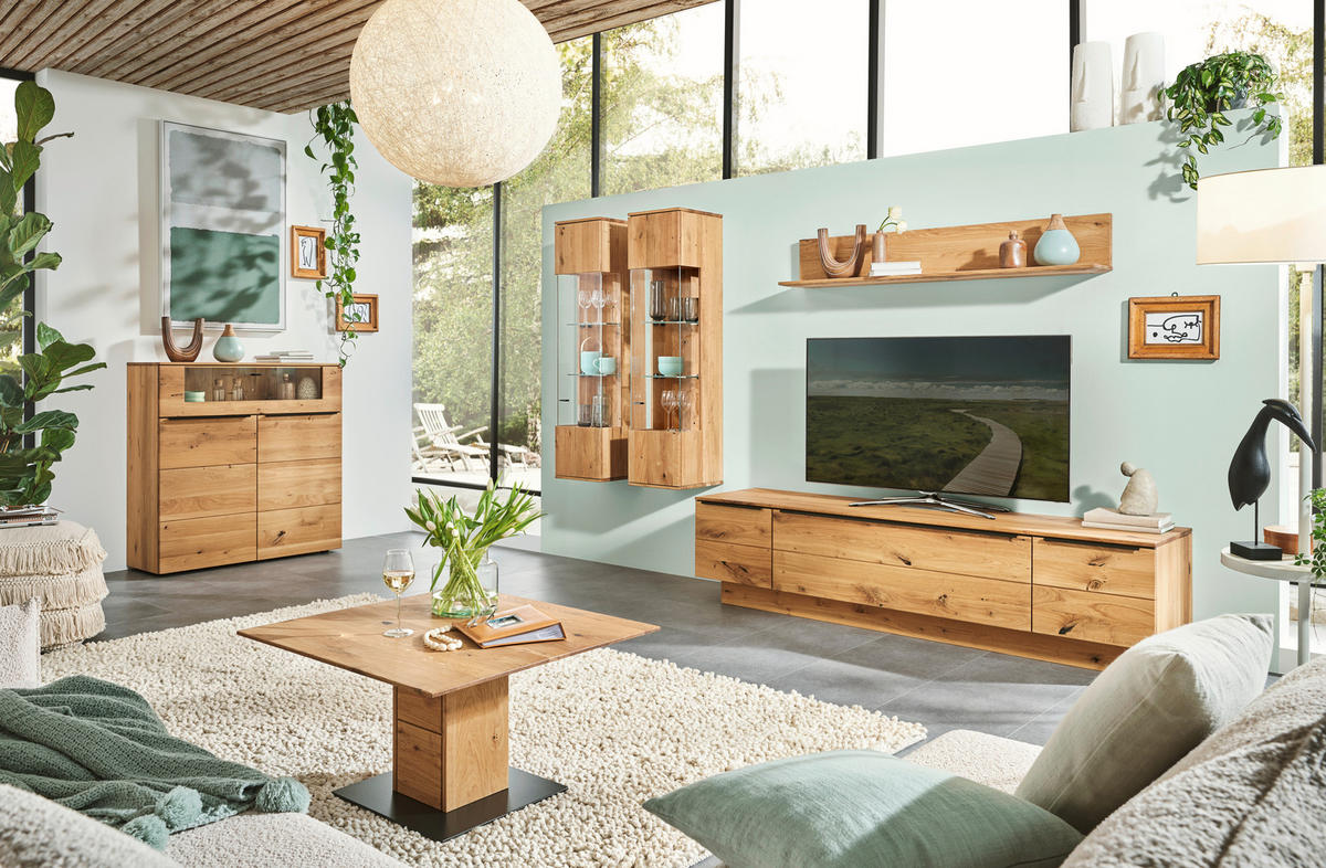 WOHNWAND  in Eichefarben  320/200,8/53,7 cm  - Eichefarben/Schwarz, Natur, Glas/Holz (320/200,8/53,7cm) - Valnatura