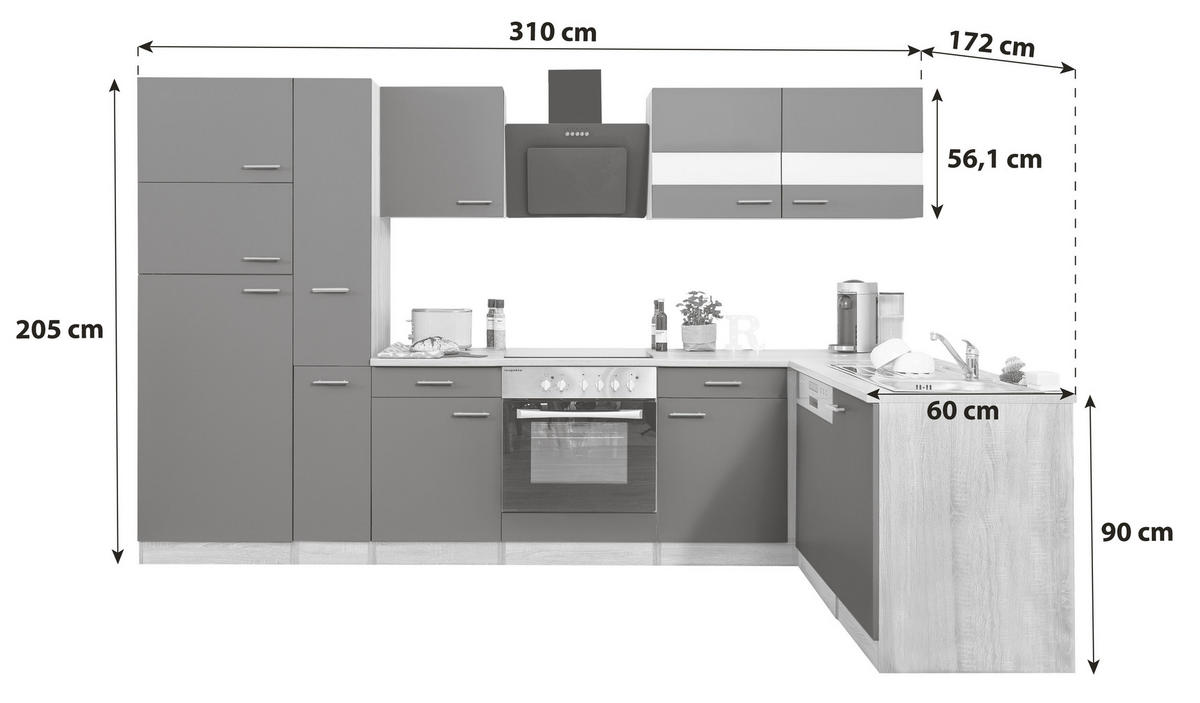 KÜCHENLEERBLOCK  310/172 cm  in Grau  - Edelstahlfarben/Eichefarben, Basics, Holzwerkstoff/Metall (310/172cm) - Respekta