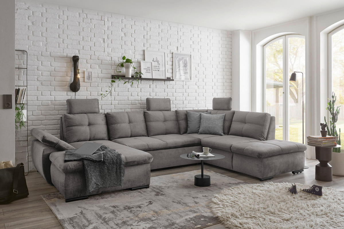 WOHNLANDSCHAFT in Mikrovelours Hellgrau  - Hellgrau/Schwarz, Konventionell, Kunststoff/Textil (127/334/217cm) - Carryhome