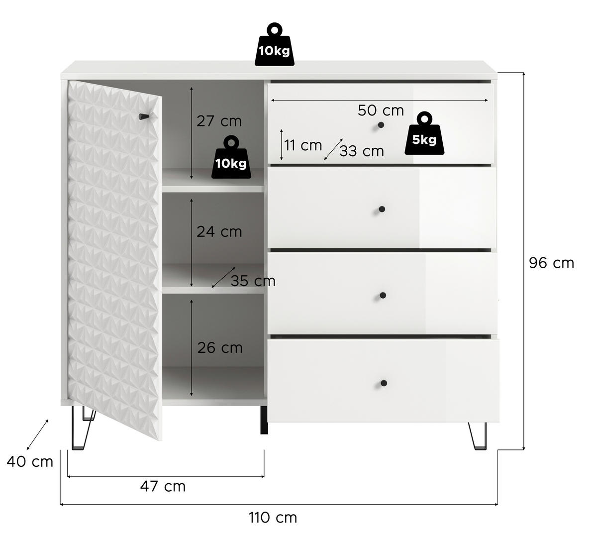 HIGHBOARD  in 110/96/40 cm  - Weiß Hochglanz/Schwarz, Design, Holzwerkstoff/Kunststoff (110/96/40cm) - Livetastic