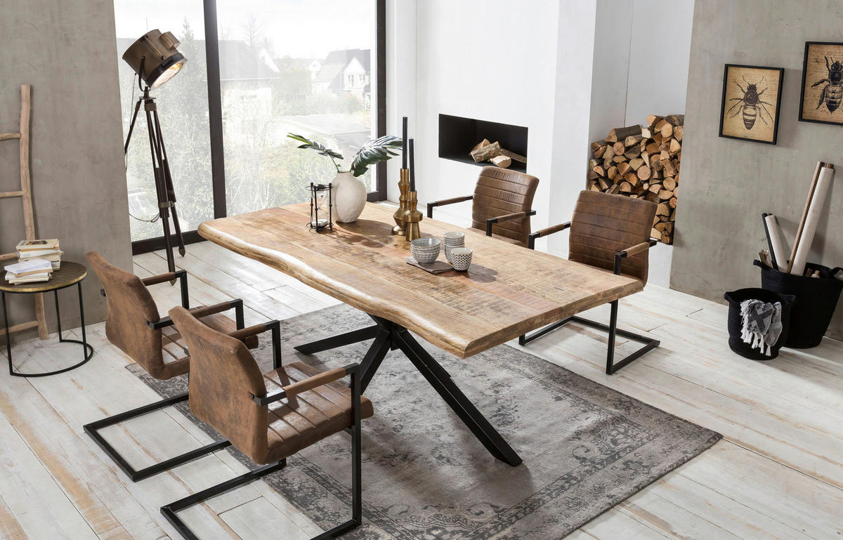 ESSTISCH 200/100/77 cm Echtholz  Holz, Metall rechteckig Naturfarben, Schwarz  - Schwarz/Naturfarben, MODERN, Holz/Metall (200/100/77cm) - MID.YOU