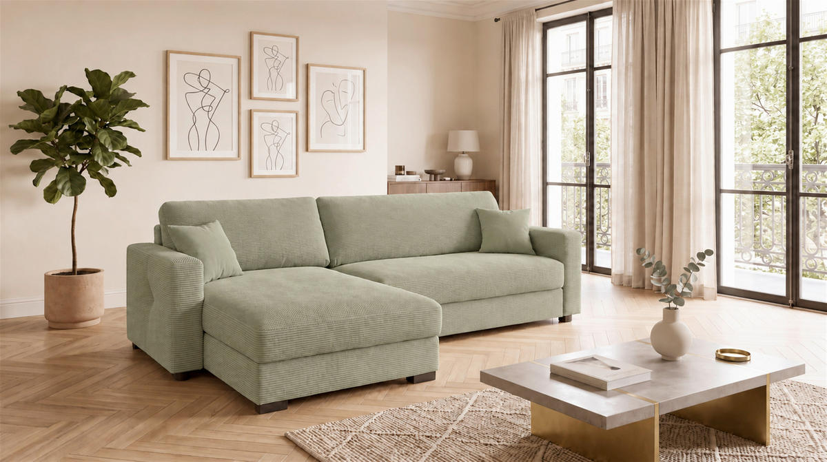 ECKSOFA  Cord Mintgrün  - Mintgrau/Schwarz, Basics, Holz/Holzwerkstoff (264/184cm) - MID.YOU