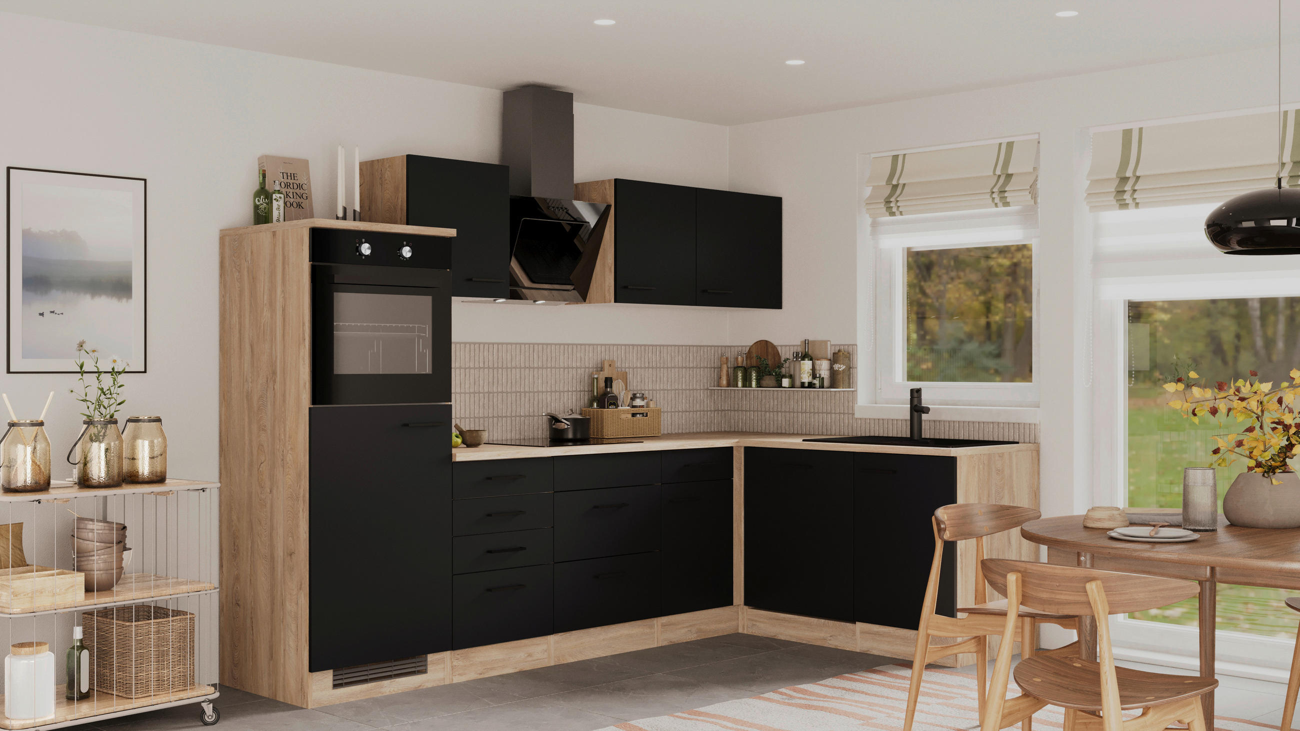 ECKKÜCHE 280/170 cm  in Schwarz, Eichefarben  - Eichefarben/Schwarz, Basics, Holzwerkstoff/Metall (280/170cm) - FlexWell