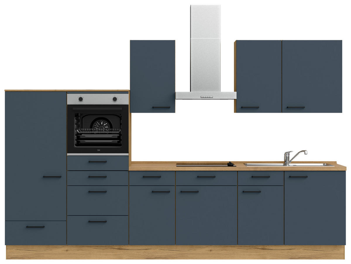 KÜCHENBLOCK 330 cm   in Eichefarben, Dunkelblau  - Eichefarben/Schwarz, MODERN, Holzwerkstoff/Metall (330cm) - Nobilia