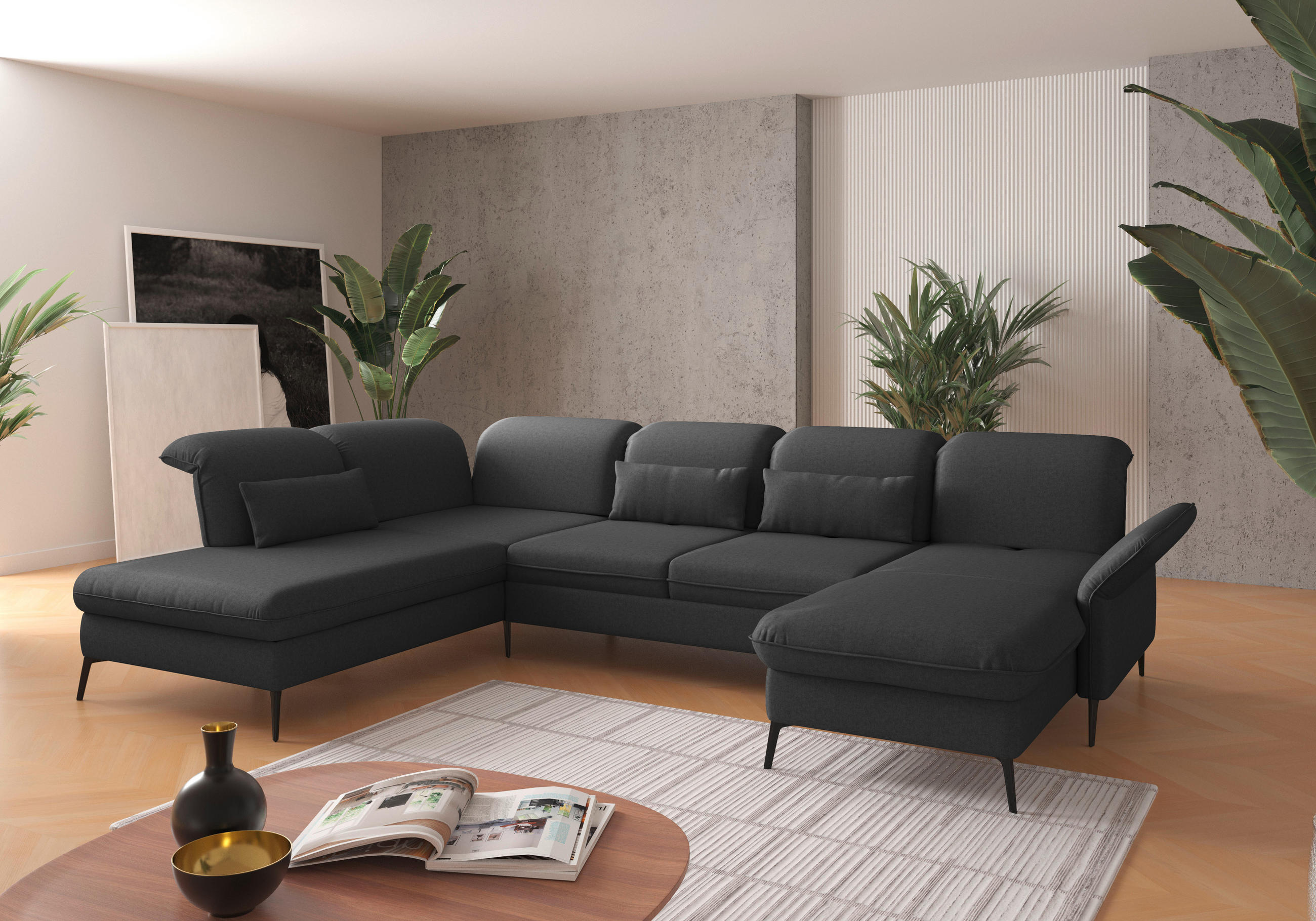 WOHNLANDSCHAFT in Flachgewebe Dunkelgrau  - Dunkelgrau/Schwarz, Konventionell, Textil/Metall (231/359/198cm) - Sit & More