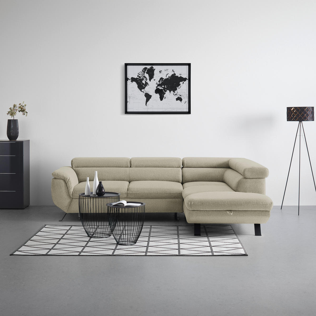 HÖRNSOFFA i vävt tyg greige  - greige/svart, Modern, metall/textil (257/198cm) - MID.YOU