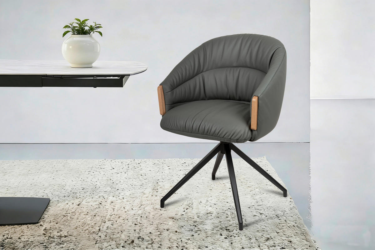 ARMLEHNSTUHL  Sitzfläche 360° drehbar, automatische Rückholfunktion  Echtleder  - Anthrazit/Schwarz, Design, Leder/Holz (61/84/62cm) - Valnatura