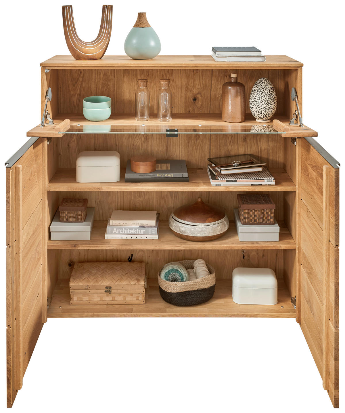HIGHBOARD Eichefarben  120/119,3/39,5 cm  - Eichefarben/Schwarz, Natur, Glas/Holz (120/119,3/39,5cm) - Valnatura