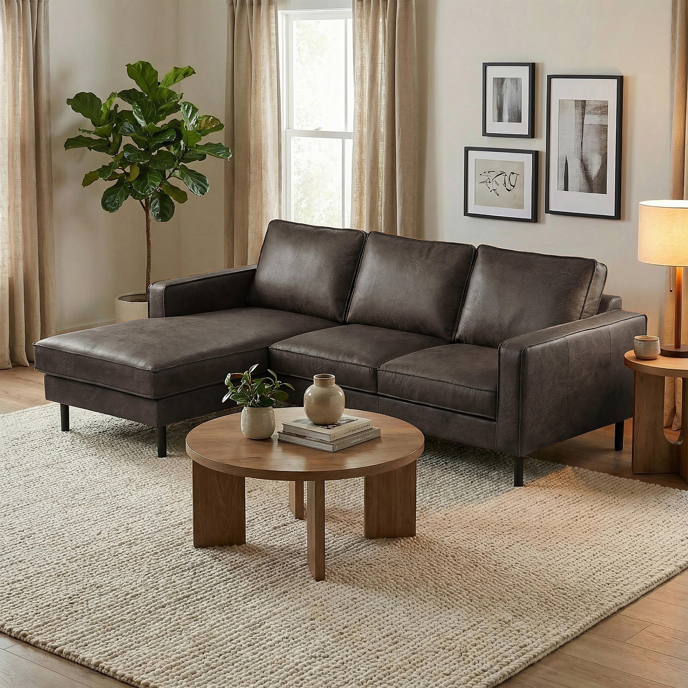 ECKSOFA  in Echtleder Fango  - Fango/Schwarz, Design, Leder/Metall (166/238cm) - Livetastic