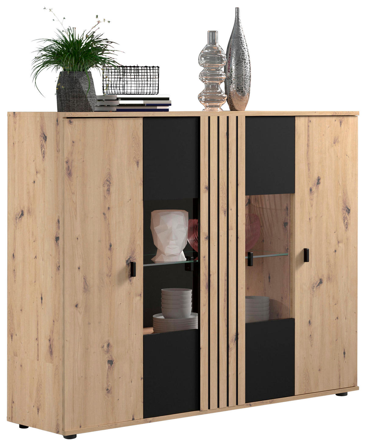 HIGHBOARD  in 140,1/115/38 cm  - Schwarz/Eiche Artisan, KONVENTIONELL, Glas/Holzwerkstoff (140,1/115/38cm) - Carryhome