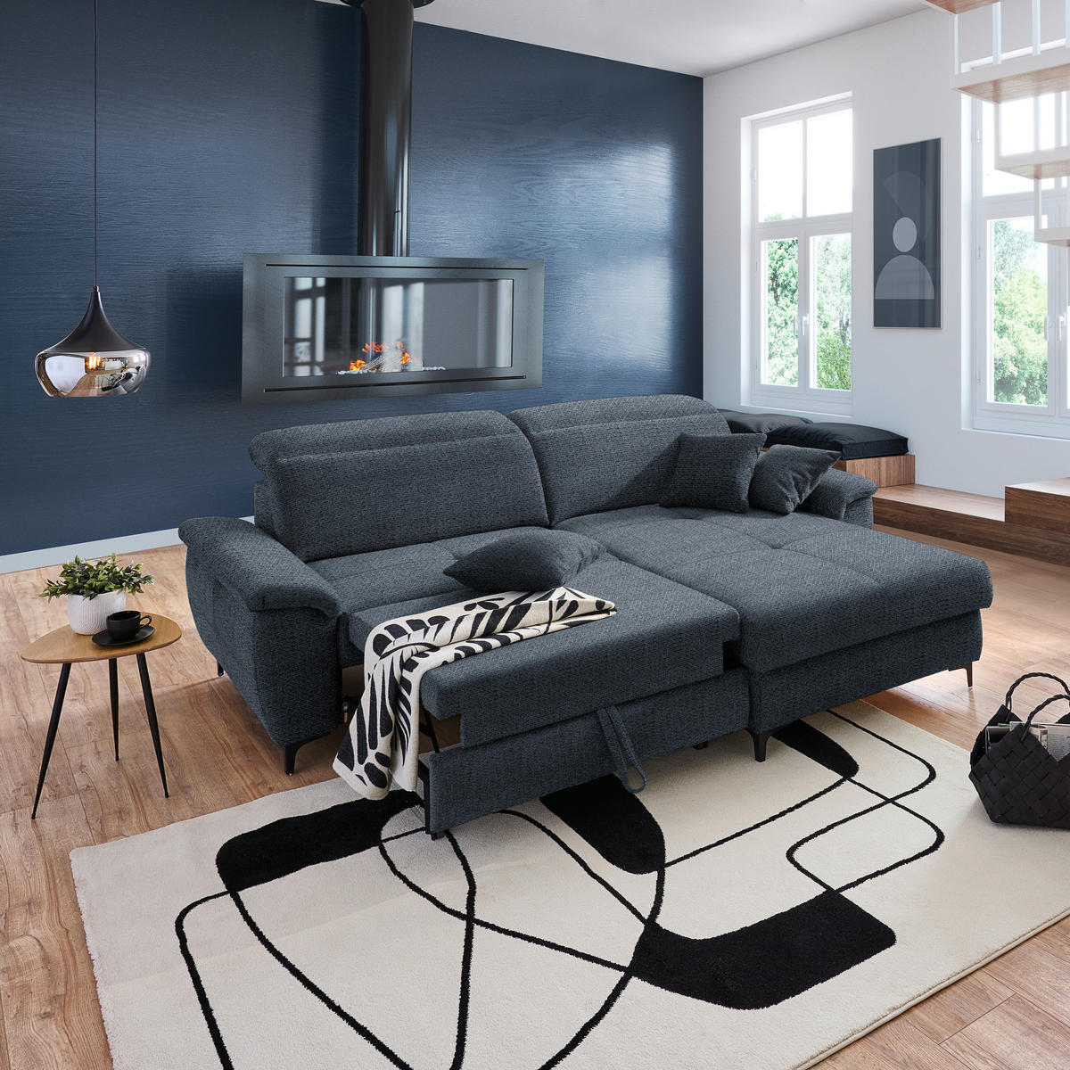 ECKSOFA in Chenille Dunkelblau  - Schwarz/Dunkelblau, Design, Textil/Metall (185/256cm) - Stylife