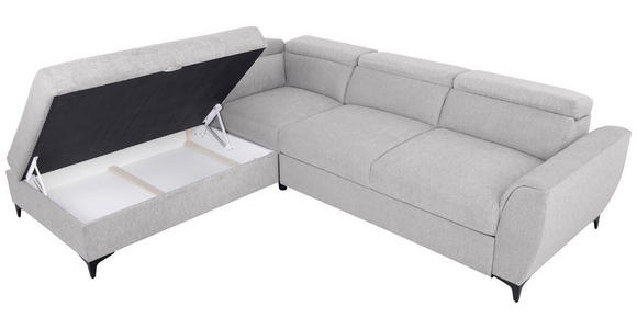 ECKSOFA Hellgrau Velours Bettkasten, Schlaffunktion, Rücken echt, Kopfteilverstellung, Liegefläche im Originalstoff  - Hellgrau/Schwarz, KONVENTIONELL, Textil/Metall (217/255cm) - Carryhome
