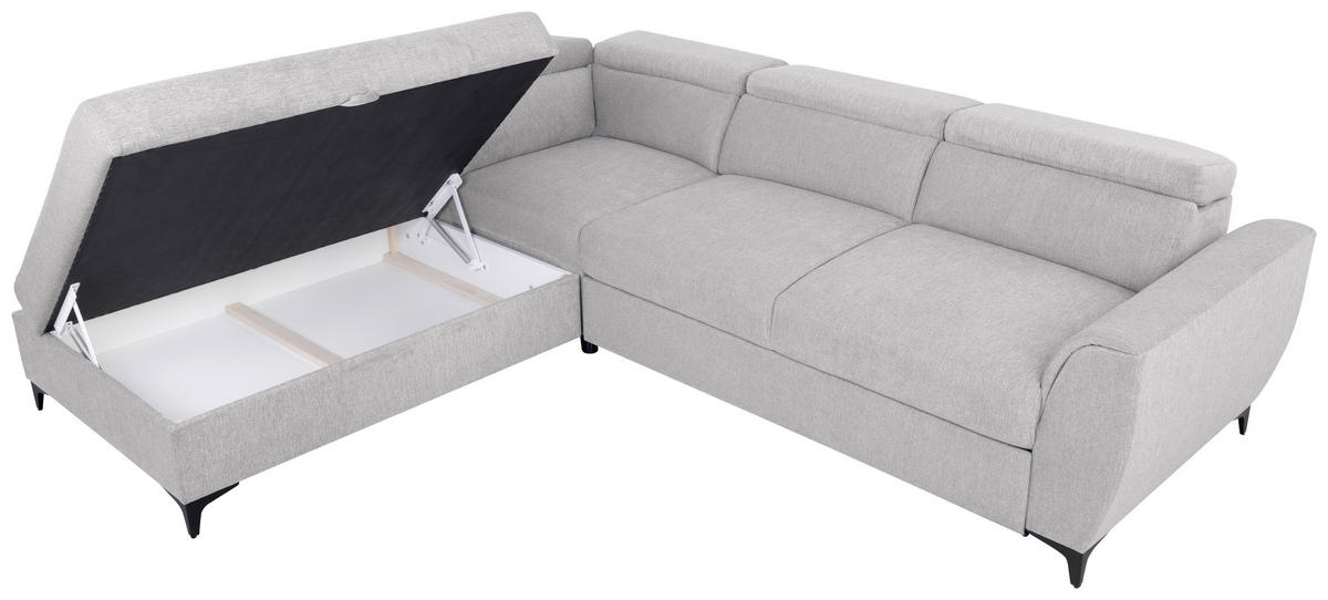 ECKSOFA in Velours Hellgrau  - Hellgrau/Schwarz, Konventionell, Textil/Metall (217/255cm) - MID.YOU
