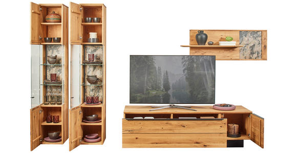 WOHNWAND  in Eichefarben  298/205,7/53,7 cm  - Eichefarben/Schwarz, Natur, Glas/Holz (298/205,7/53,7cm) - Valnatura