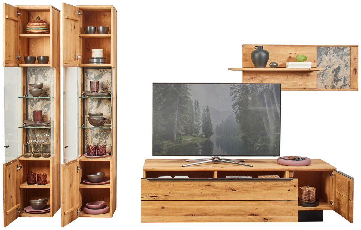 WOHNWAND  in Eichefarben  298/205,7/53,7 cm  - Eichefarben/Schwarz, Natur, Glas/Holz (298/205,7/53,7cm) - Valnatura