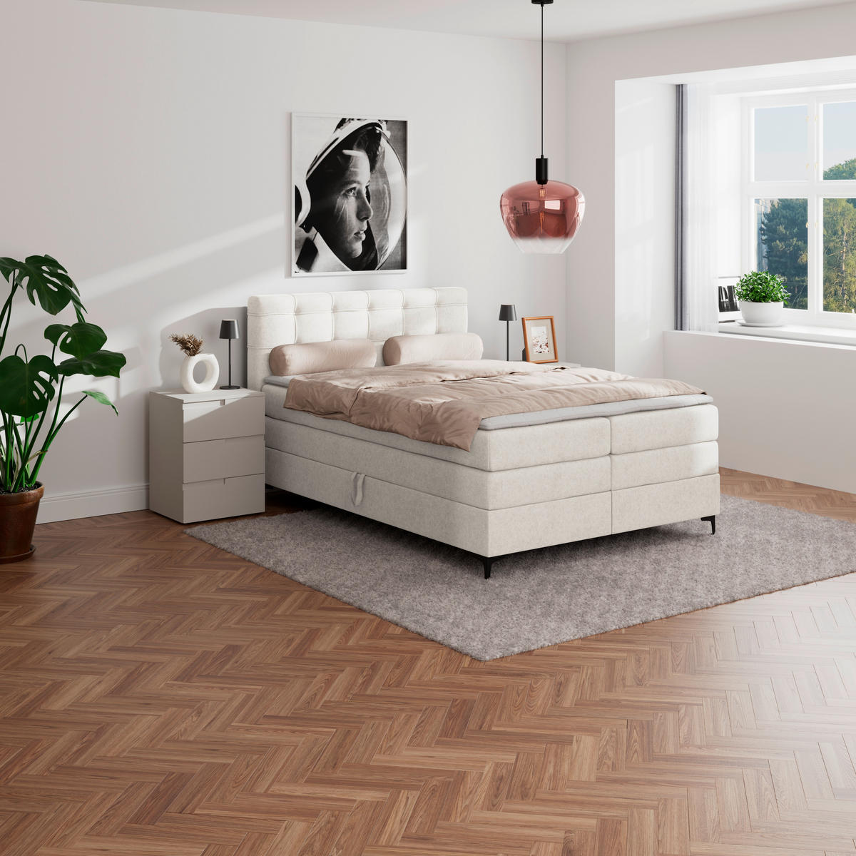 BOXSPRINGBETT 140/200 cm,  in Creme, H3 = fest  - Creme/Schwarz, KONVENTIONELL, Kunststoff/Textil (140/200cm)