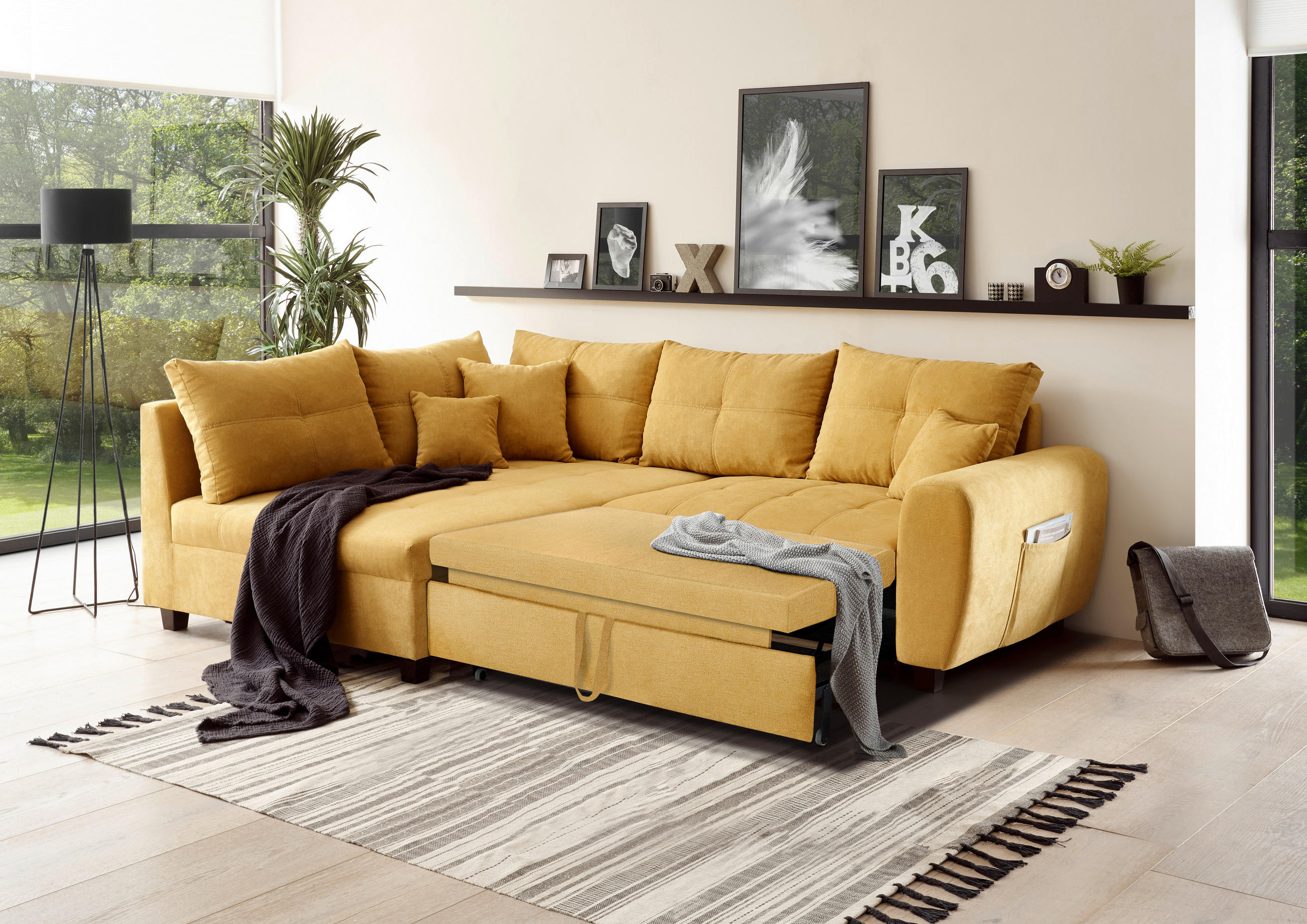 ECKSOFA Gelb Mikrovelours  - Gelb/Schwarz, Basics, Kunststoff/Textil (176/248cm) - MID.YOU