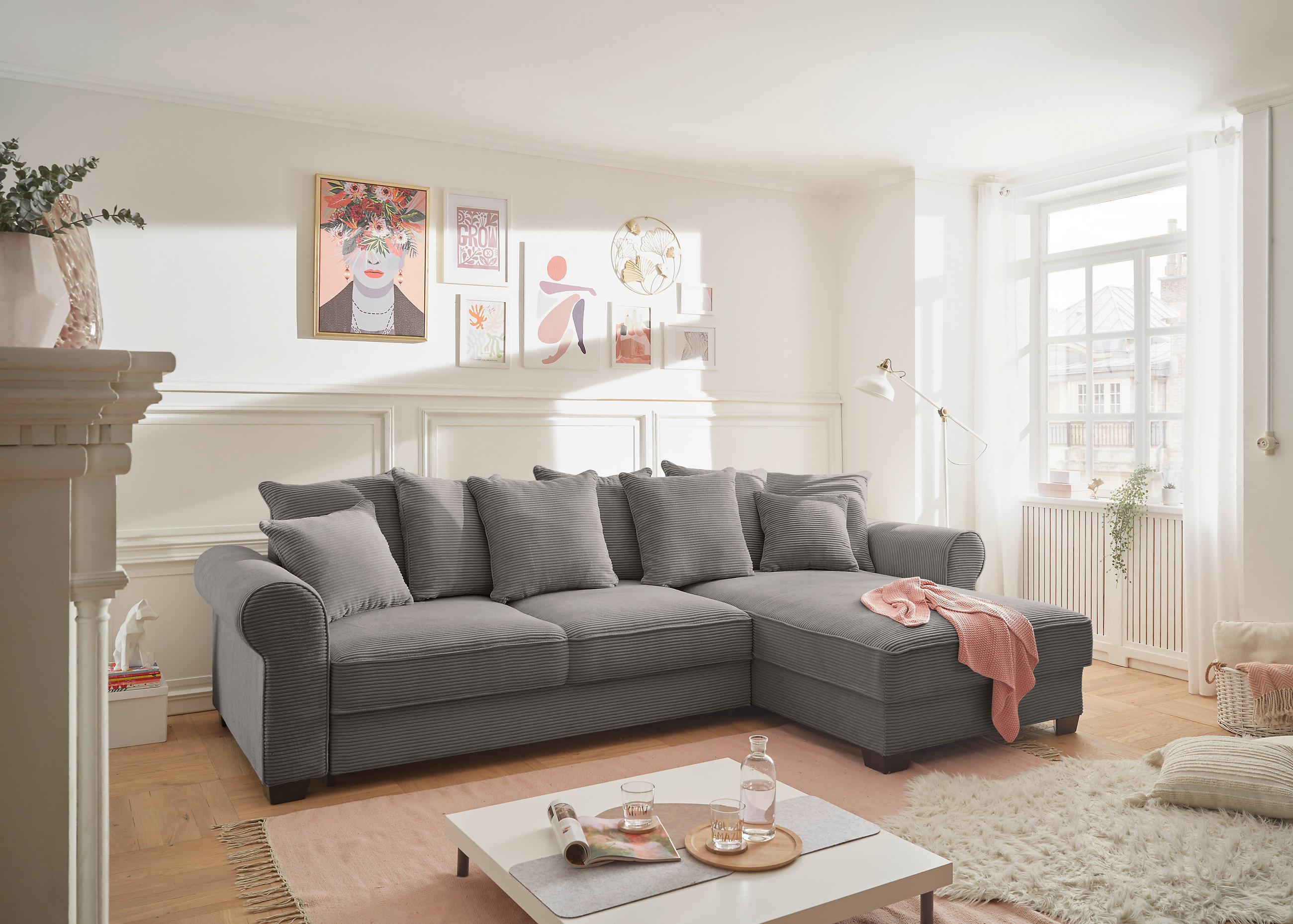 ECKSOFA Braun Cord  - Schwarz/Braun, KONVENTIONELL, Kunststoff/Textil (318/197cm) - Hom`in
