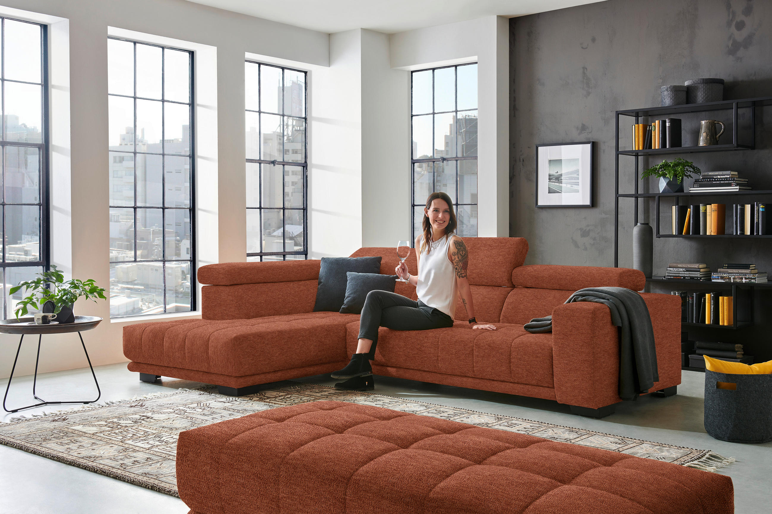 ECKSOFA in Mikrofaser Rostfarben  207/301 cm  - Rostfarben/Schwarz, Design, Textil/Metall (207/301cm) - Xora