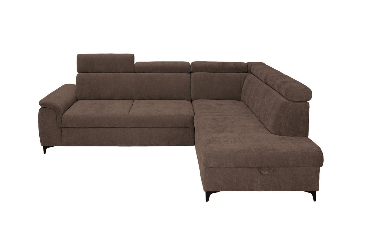 ECKSOFA Dunkelbraun Chenille Bettkasten, Schlaffunktion, Rücken echt, Kopfteilverstellung, Liegefläche im Originalstoff  - Dunkelbraun/Schwarz, KONVENTIONELL, Textil/Metall (265/206cm) - Carryhome