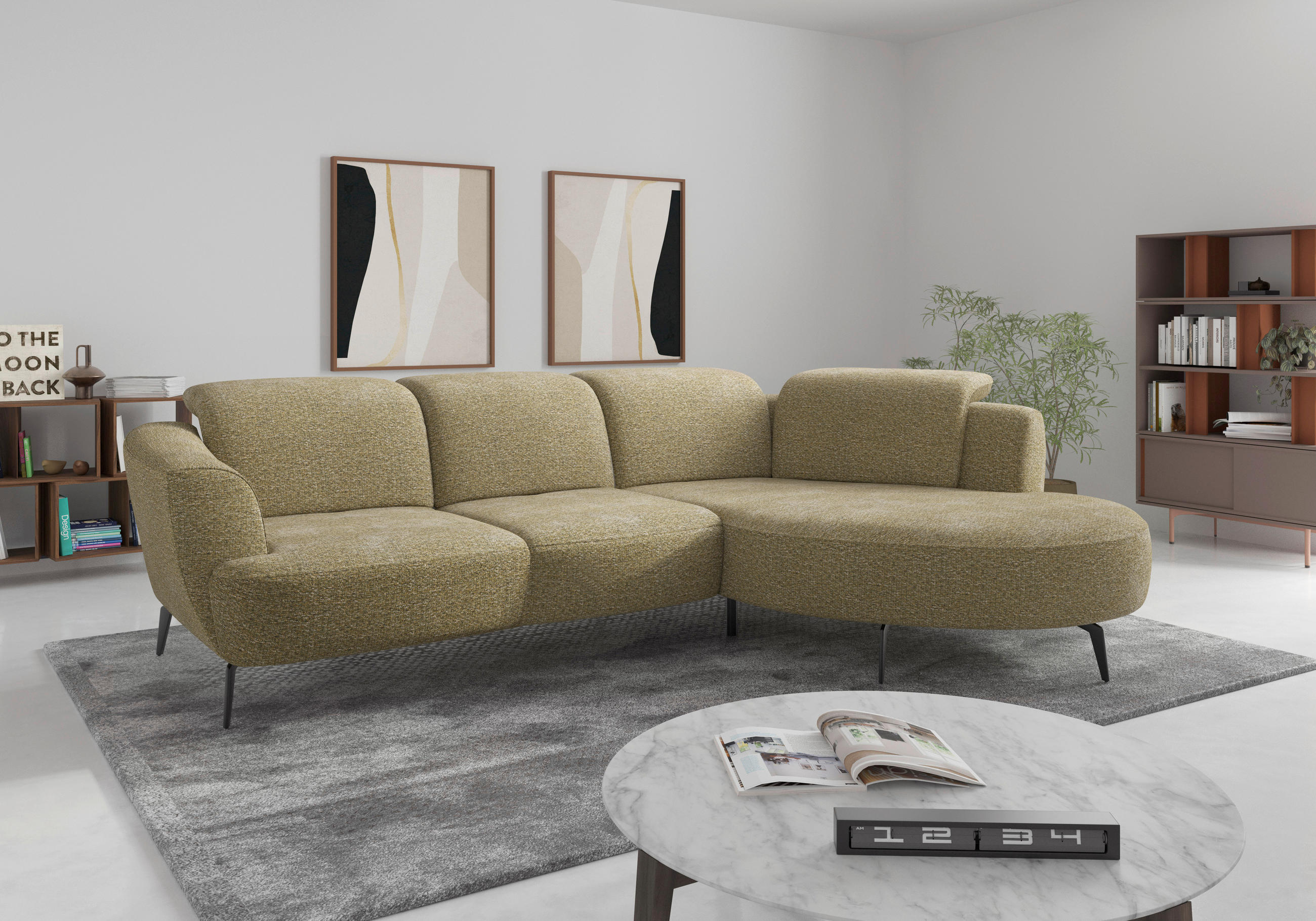 ECKSOFA ZOE E Olivgrün Chenille  - Schwarz/Olivgrün, KONVENTIONELL, Textil/Metall (309/199cm) - Sit & More