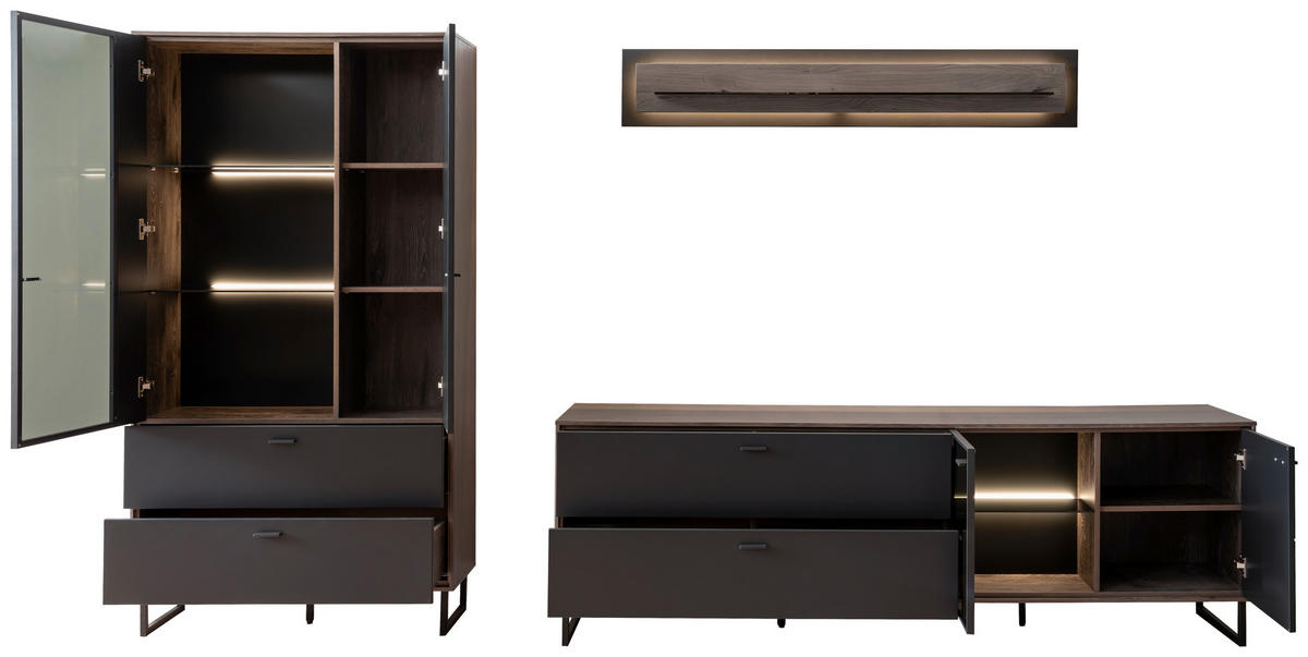WOHNWAND  in Schwarz, Eichefarben  321/185/50 cm  - Eichefarben/Anthrazit, Design, Glas/Holz (321/185/50cm) - MID.YOU