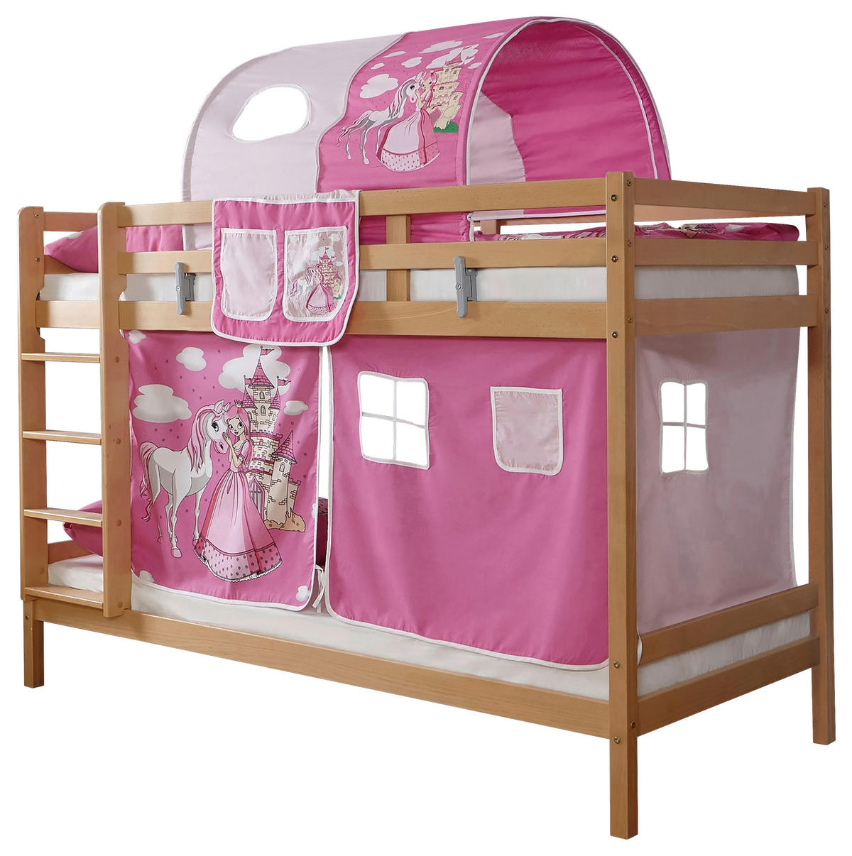 ETAGENBETT 90/200 cm,  in Weiß, Pink, Leiter, Vorhang, Tunnel, Matratze, Rollrost, Stofftasche  - Pink/Weiß, MODERN, Holz/Textil (90/200cm) - MID.YOU