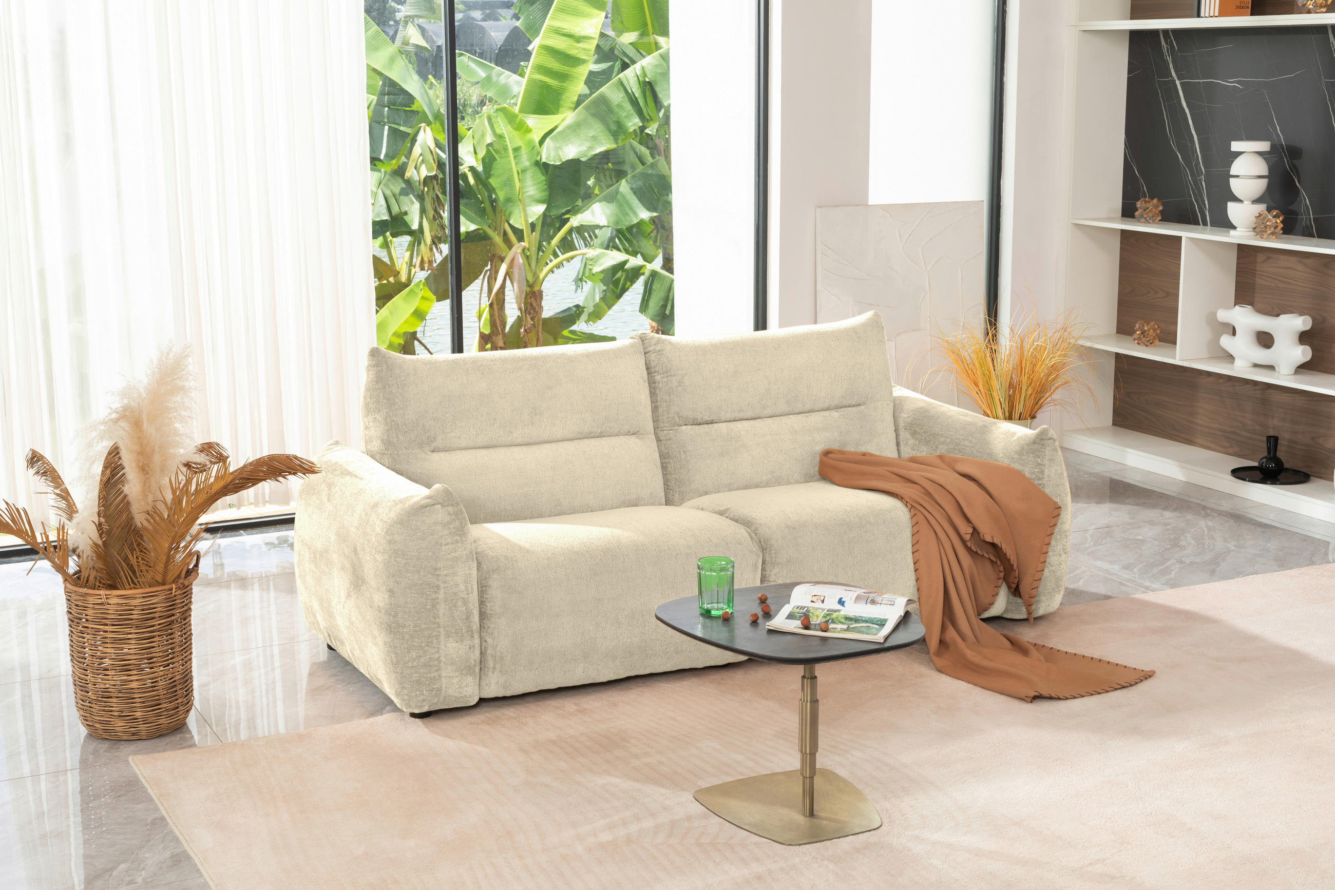 2-SITZER-SOFA Chenille Creme  - Creme/Schwarz, MODERN, Kunststoff/Textil (216/89/92cm) - MID.YOU