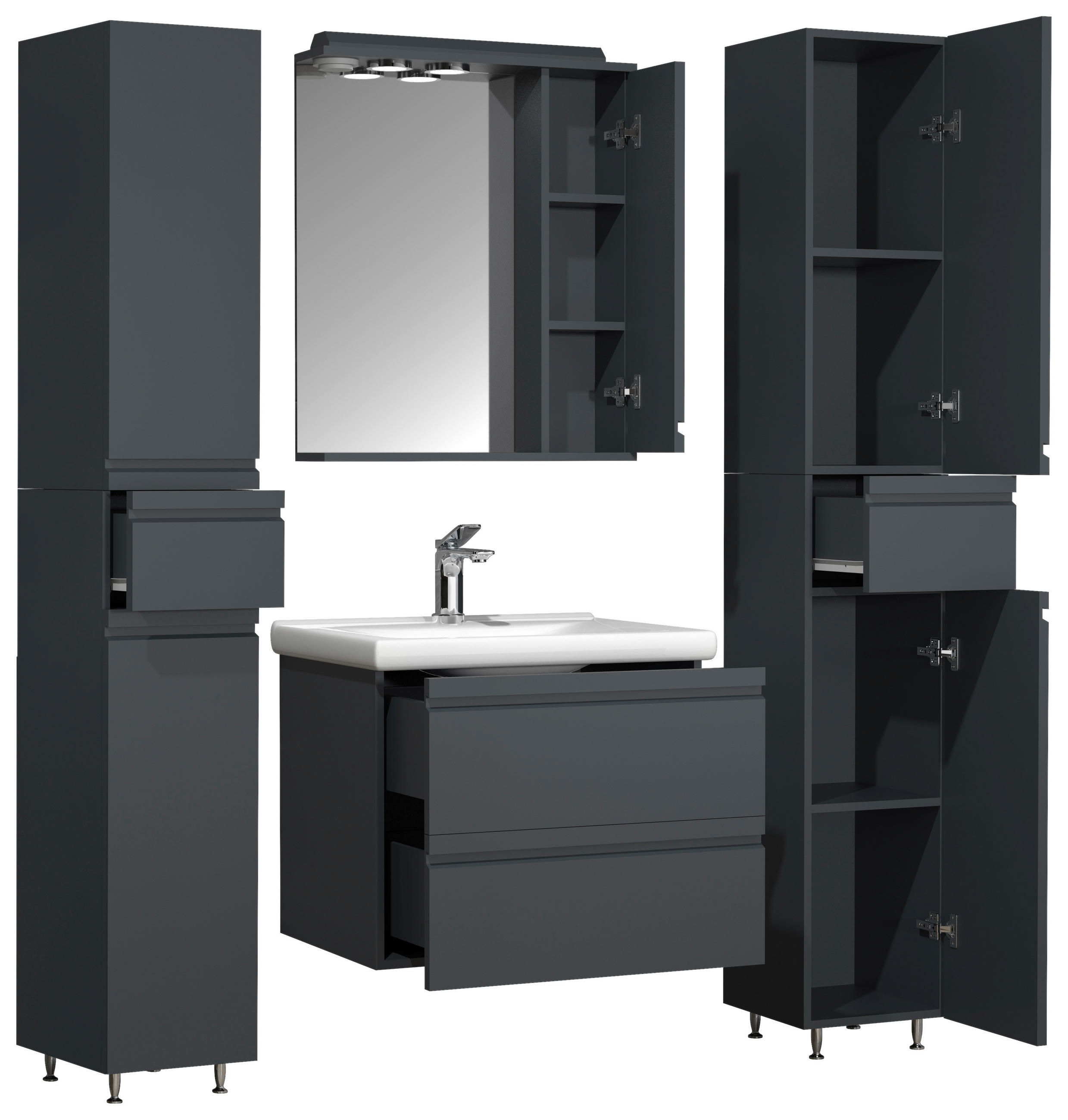 Thumbnail - Mid.you Badezimmer, Anthrazit, Holzwerkstoff, 5-teilig, 6 Fächer, 4 Schublade(n),2 Schublade(n) Schubladen, 120 cm, häng...