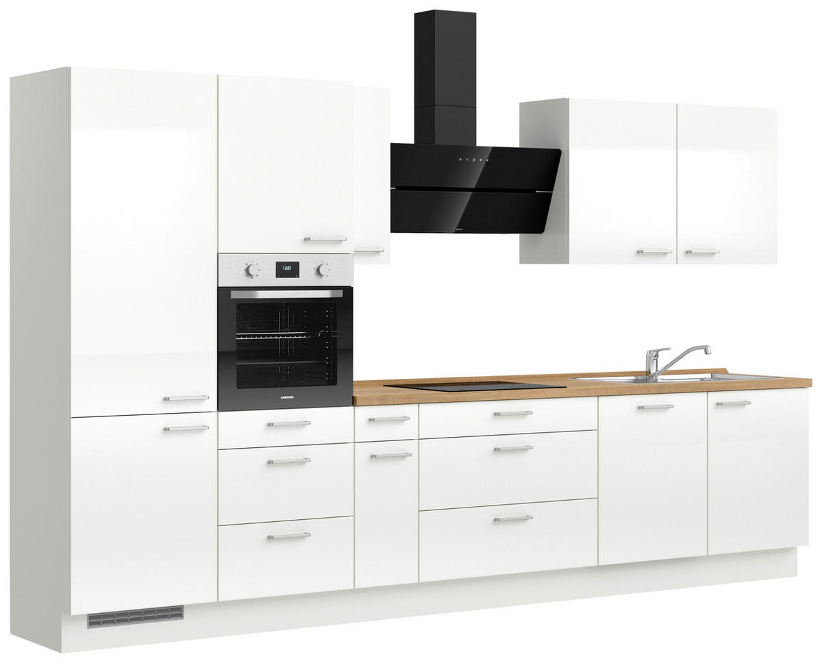 KÜCHENBLOCK Flash 360 cm  in Eichefarben, Weiß Hochglanz  - Edelstahlfarben/Eichefarben, MODERN, Holzwerkstoff/Metall (360cm) - Nobilia
