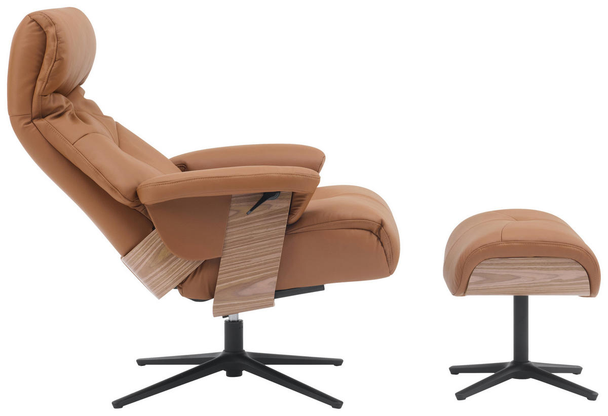 RELAXSESSELSET Lederlook Echtleder Hocker    - Schwarz/Braun, Design, Leder/Holz (78/111/81cm) - Livetastic