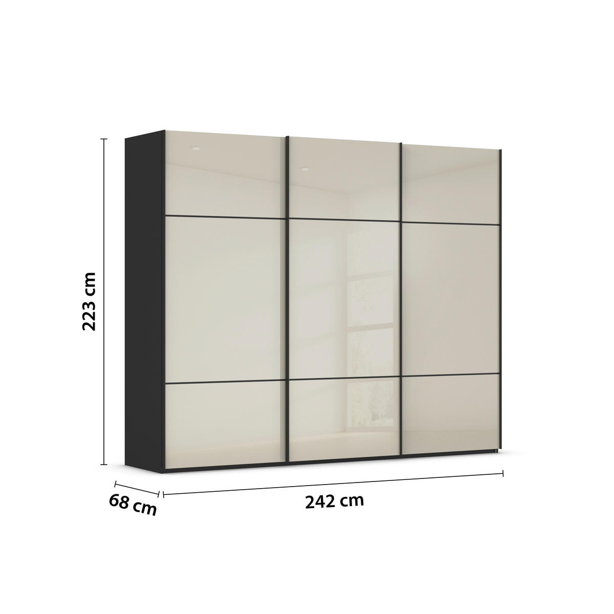 SCHWEBETÜRENSCHRANK 242/223/68 cm 3-türig Schwarz, Champagner  - Champagner/Schwarz, KONVENTIONELL, Glas/Holzwerkstoff (242/223/68cm) - Novel