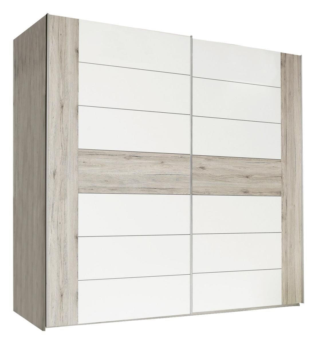 SCHWEBETÜRENSCHRANK in Eichefarben, Weiss Hochglanz  - Weiss Hochglanz/Edelstahlfarben, Design, Holzwerkstoff/Metall (270/210/61cm) - Carryhome
