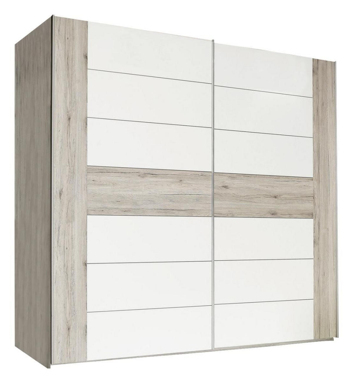 SCHWEBETÜRENSCHRANK 270/210/61 cm 2-türig Eichefarben, Weiß Hochglanz  - Edelstahlfarben/Eichefarben, Design, Holzwerkstoff/Metall (270/210/61cm) - Carryhome