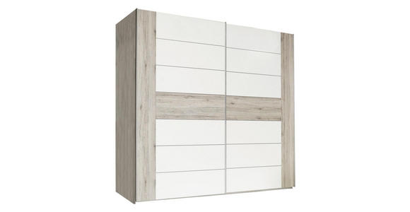 SCHWEBETÜRENSCHRANK  in Eichefarben, Weiß Hochglanz  - Edelstahlfarben/Eichefarben, Design, Holzwerkstoff/Metall (270/210/61cm) - Carryhome