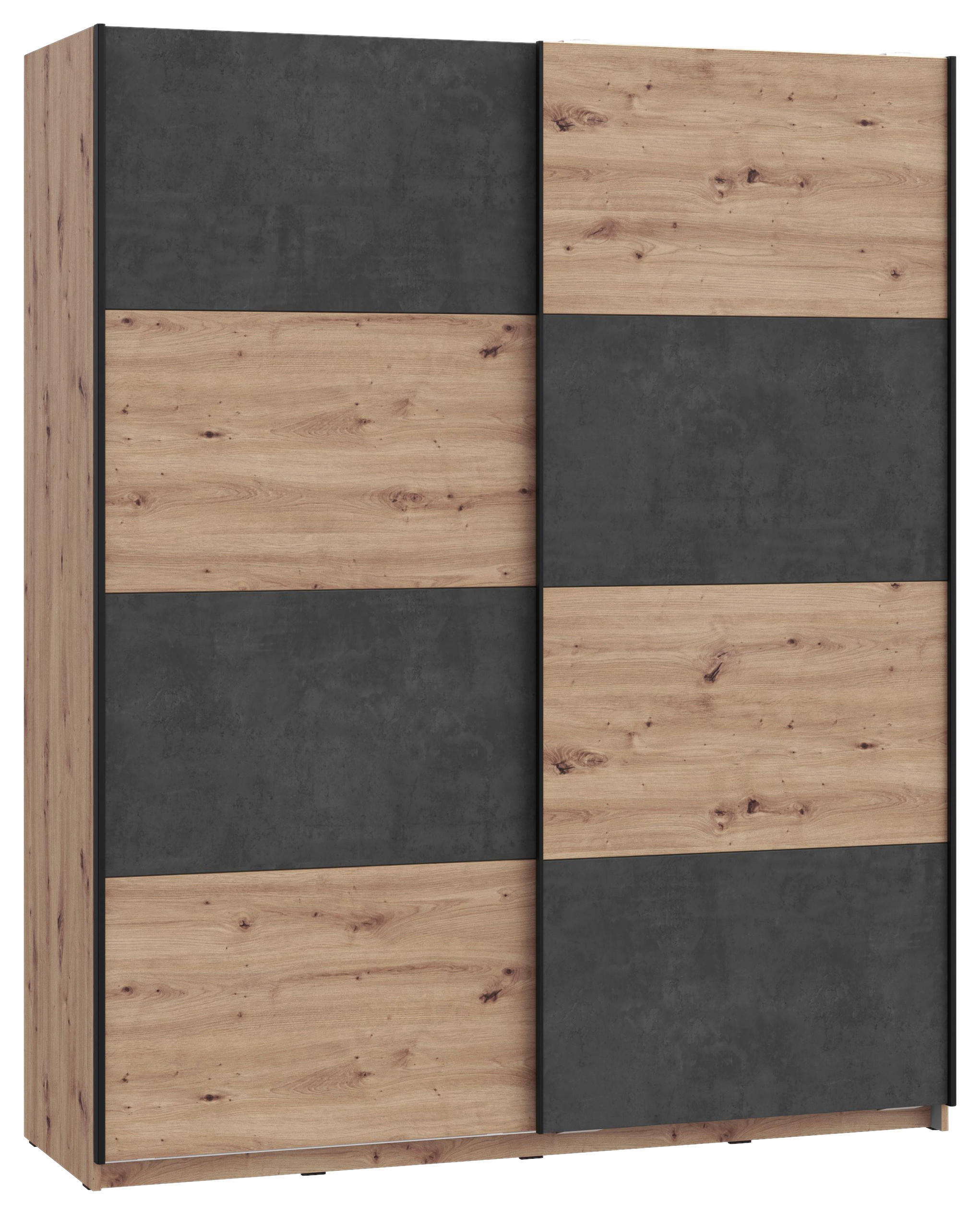OMARA Z DRSNIMI VRATI, temno siva, hrast artisan  - temno siva/črna, Design, kovina/leseni material (170/210/61cm) - Carryhome