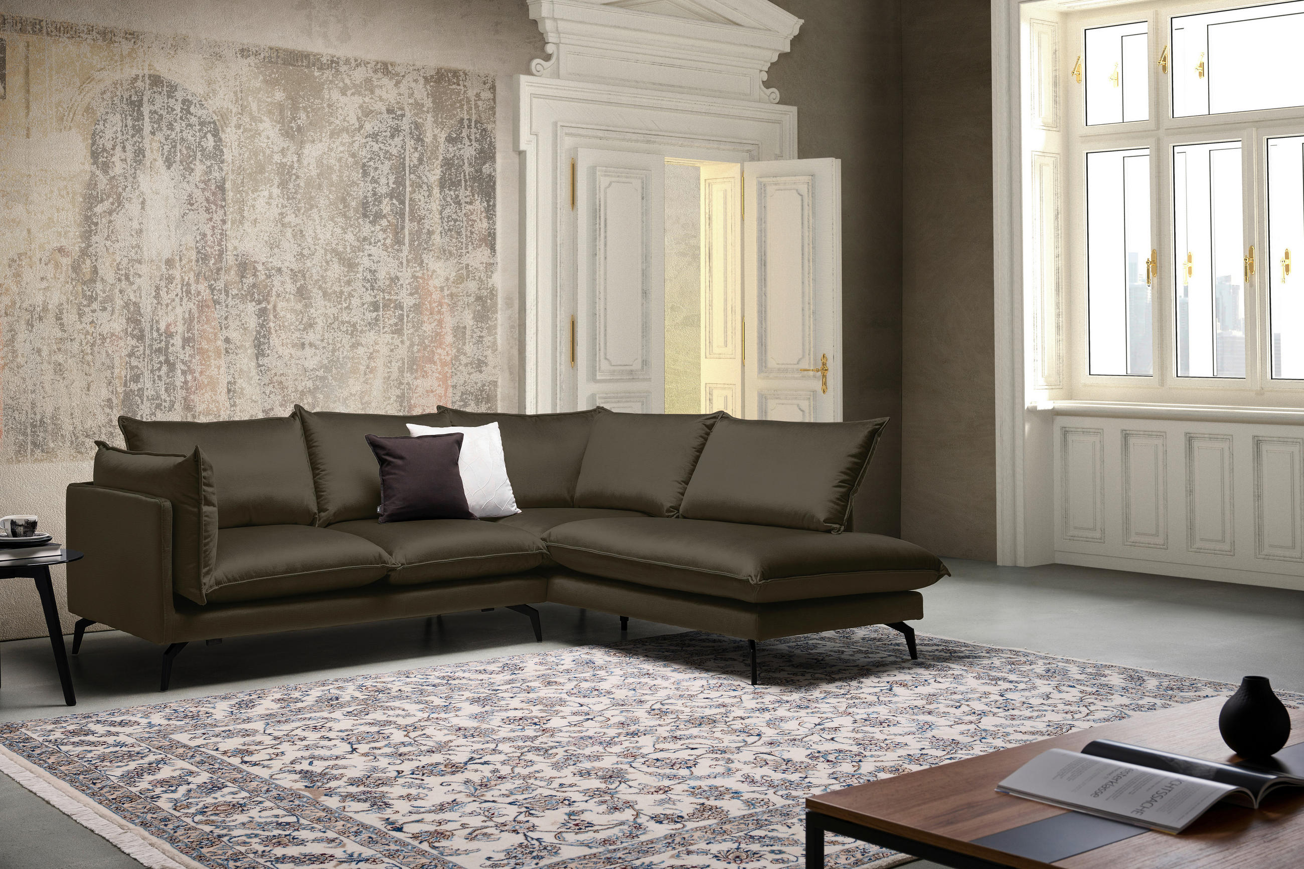 HÖRNSOFFA i sammet brun  - brun/svart, Design, metall/textil (241/200cm) - Carryhome