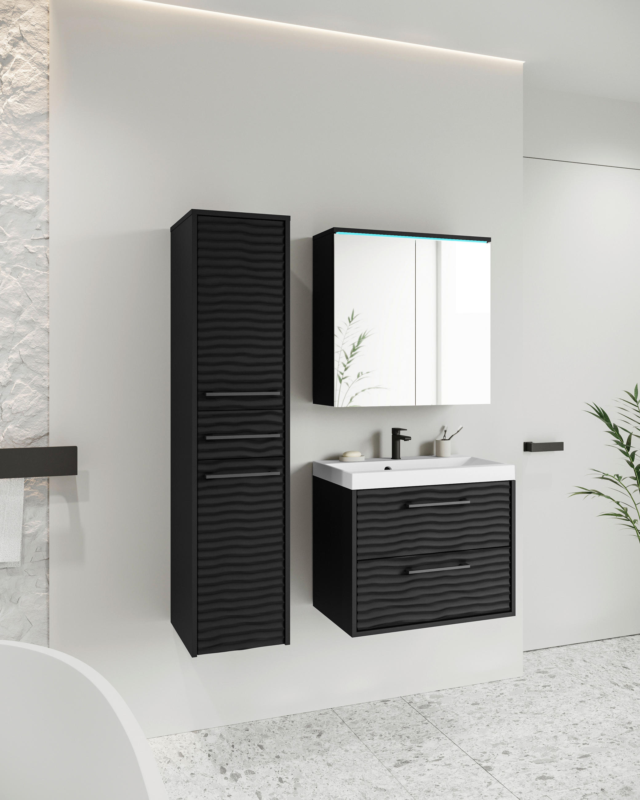 BADEZIMMER 4-teilig  in 90 cm  - Schwarz/Weiß, LIFESTYLE, Keramik/Holzwerkstoff (90cm) - P & B