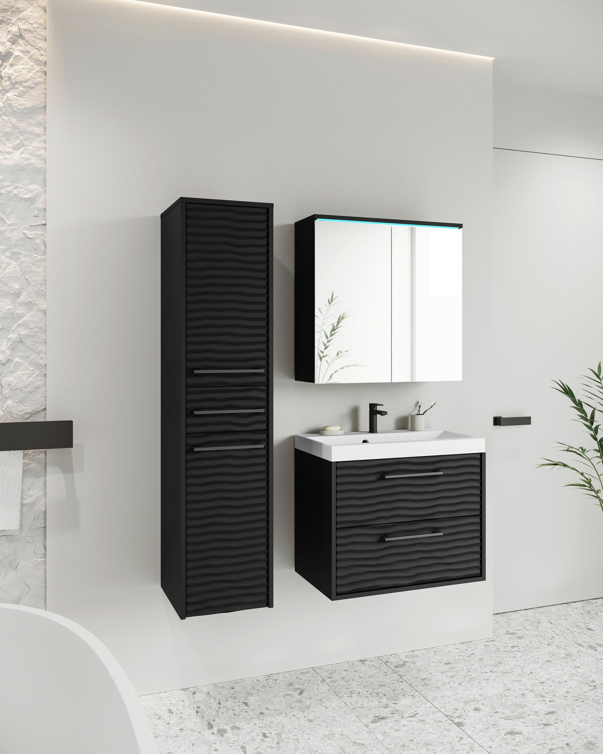 BADEZIMMER 4-teilig  in 90 cm  - Schwarz/Weiß, LIFESTYLE, Keramik/Holzwerkstoff (90cm) - P & B