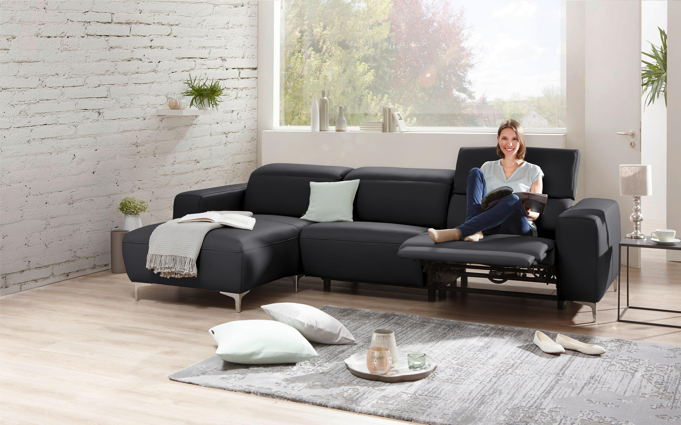 ECKSOFA in Echtleder Dunkelgrau, Fango  - Chromfarben/Fango, Design, Leder/Metall (177/292cm) - Pure Home Lifestyle