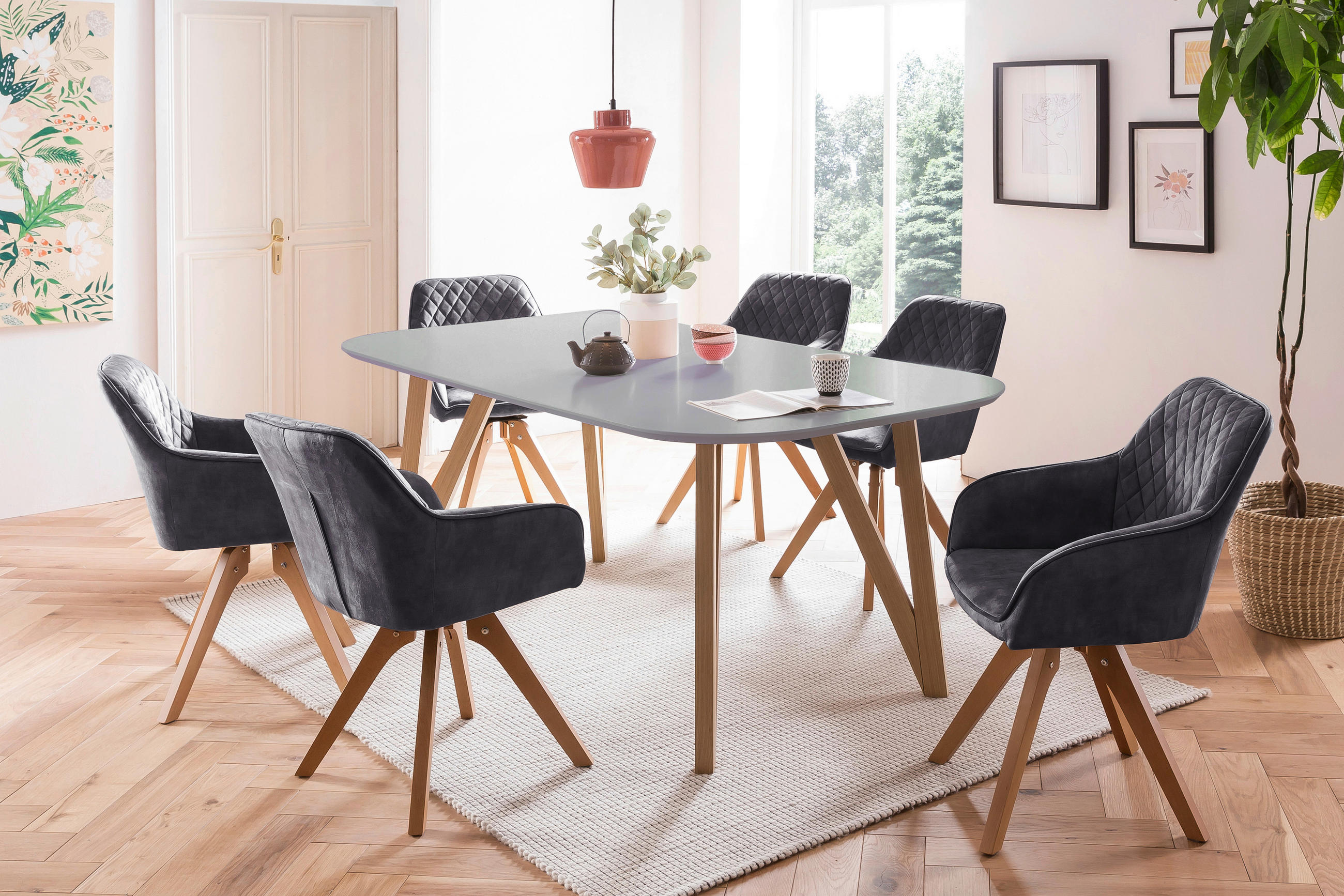 TISCHGRUPPE Grau, Schwarz  - Schwarz/Naturfarben, MODERN, Holz/Textil (180/90/76cm) - Livetastic