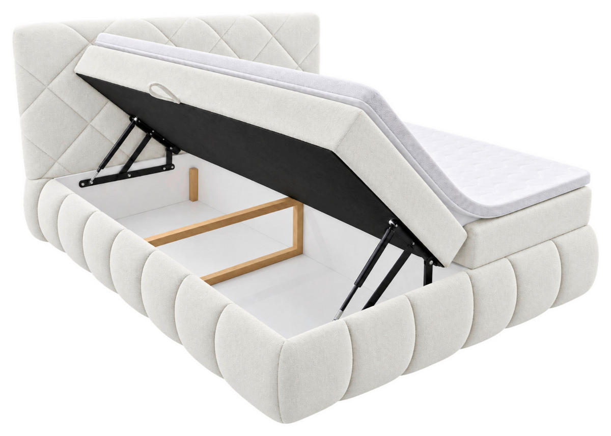 BOXBETT 180/200 cm,  in Beige, gepolstertes Kopfteil, Bettkasten, Topper, Matratzen, H3 + H3 = fest  - Beige/Schwarz, Design, Kunststoff/Textil (180/200cm) - Chameo