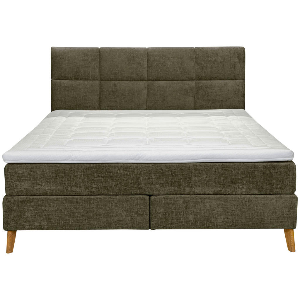 Thumbnail - Carryhome Boxspringbett, Dunkelgrün, Textil, Buche, massiv, H2 + H3, 7-Zonen, Höhe ca. 20 cm, 180x200 cm, Topper durchge...