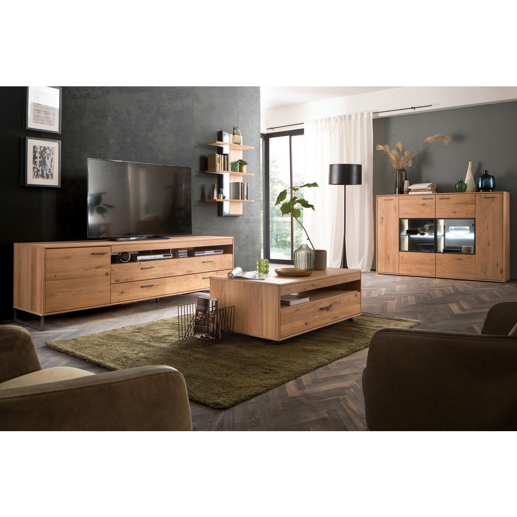 Thumbnail - Livetastic Couchtisch Gaborone, Eiche, Metall, Asteiche, furniert, massiv, 1 Schubladen, rechteckig, 65x45x115 cm, Wohnz...