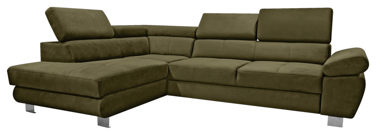 ECKSOFA Grün Webstoff Bettkasten, Schlaffunktion, Rücken echt, Armteilverstellung, Kopfteilverstellung  - Chromfarben/Grün, MODERN, Textil/Metall (205/278cm) - Stylife