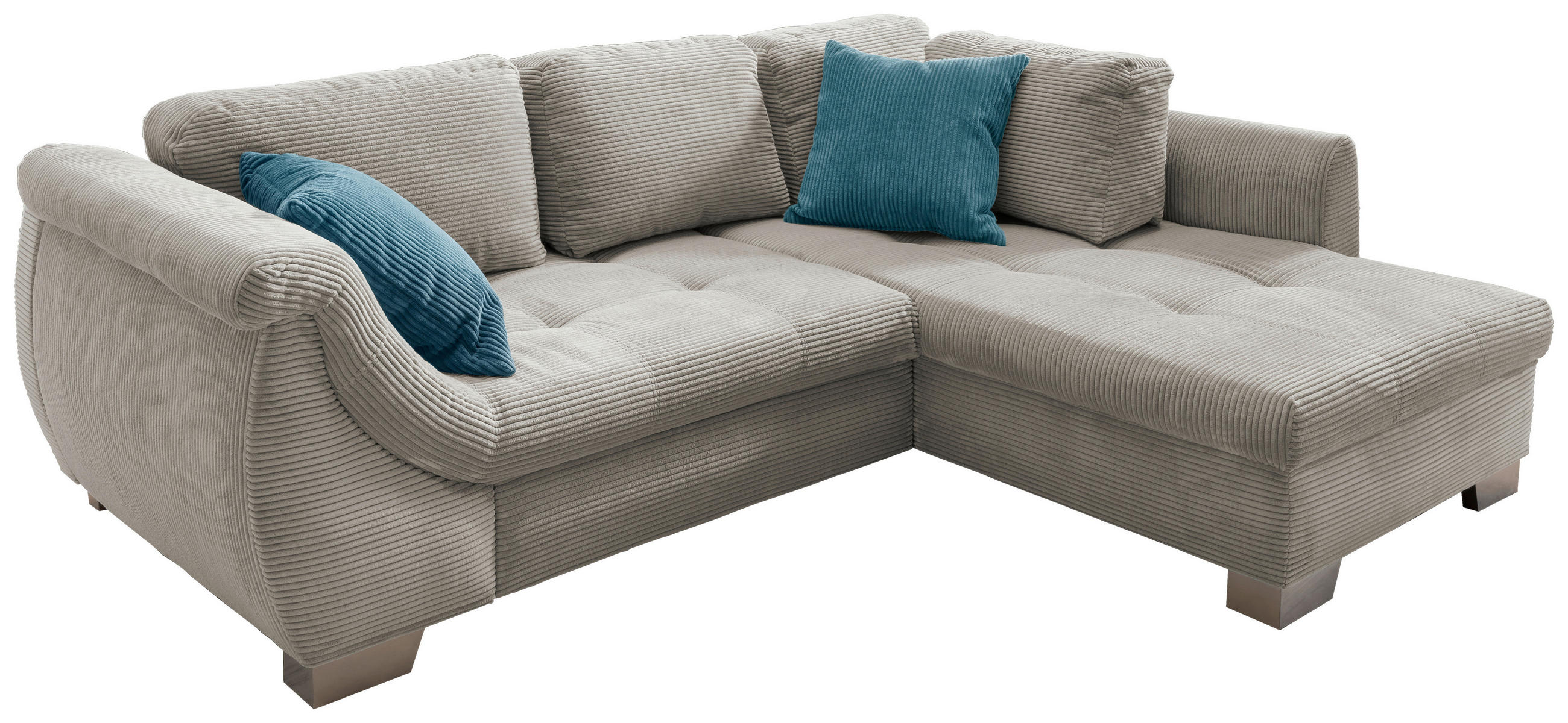 Wohnlandschaft in Cord Silberfarben  - Silberfarben/Petrol, Design, Holz/Textil (250/190cm) - MID.YOU