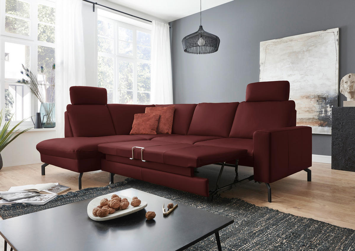 ECKSOFA in Echtleder Brombeere  - Brombeere/Schwarz, Design, Leder/Metall (194/250cm) - Beldomo Premium