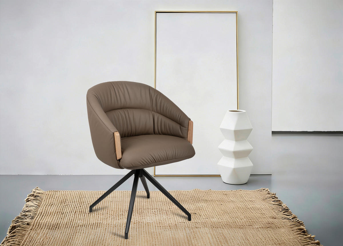 ARMLEHNSTUHL  Sitzfläche 360° drehbar, automatische Rückholfunktion  Echtleder  - Schwarz/Braun, Design, Leder/Holz (61/84/62cm) - Valnatura