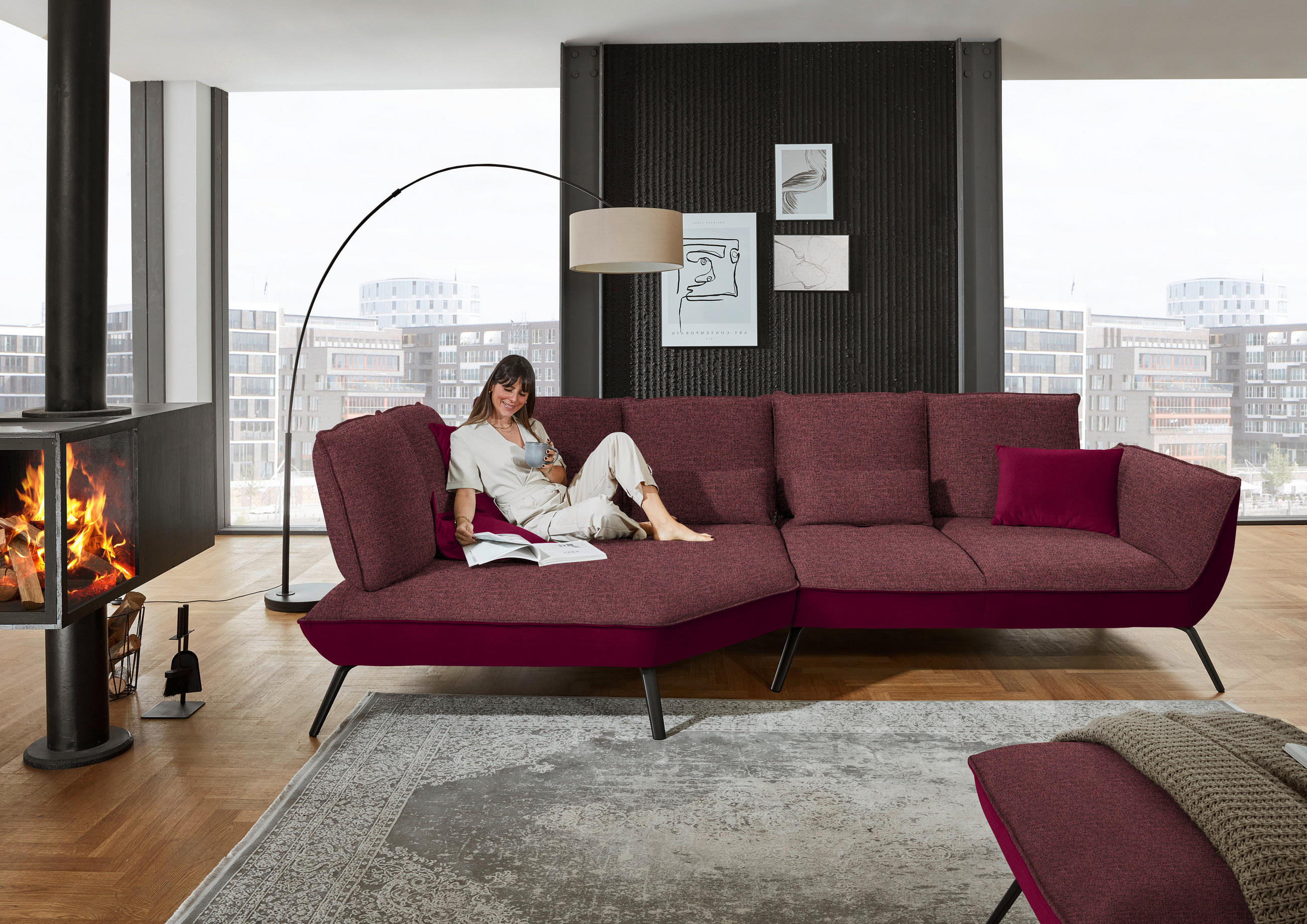 ECKSOFA in Flachgewebe Rot  - Rot/Schwarz, Design, Textil/Metall (169/320cm) - Moderano
